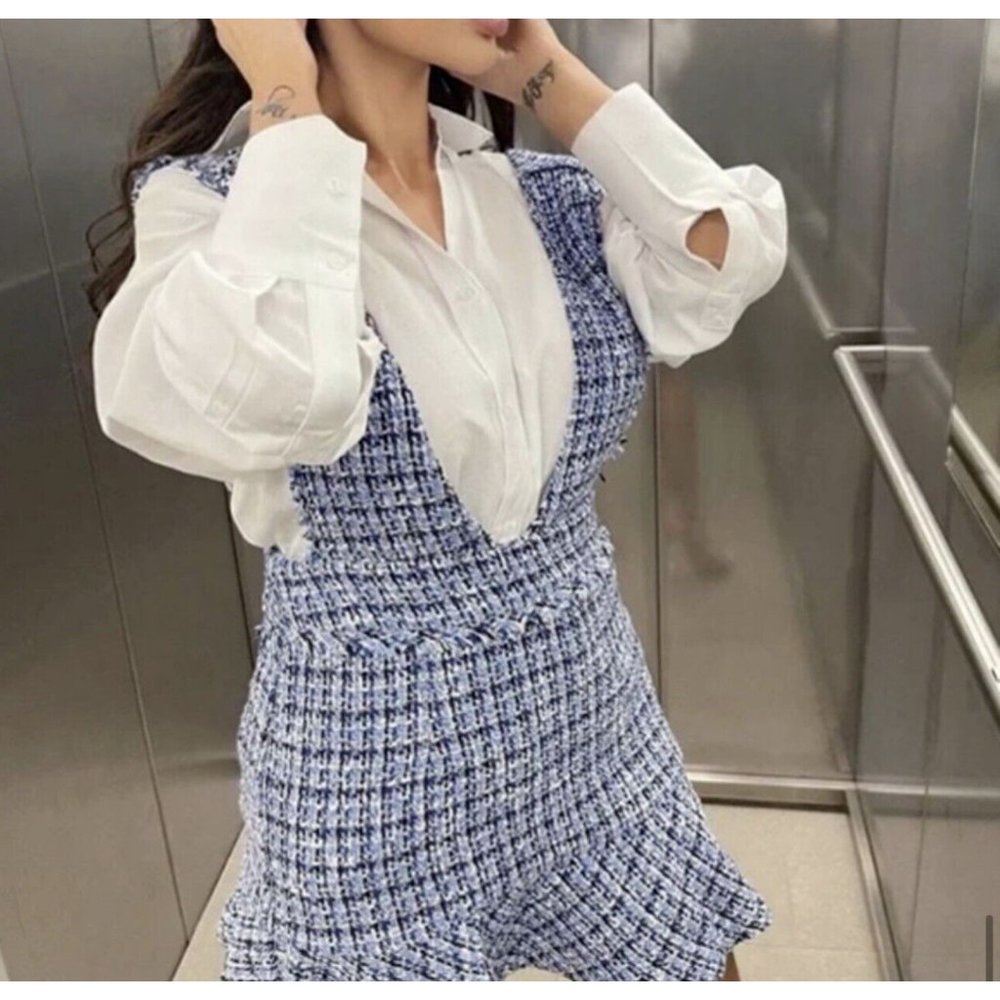 SOLD ZARA NEW WOMAN SS22 TEXTURED TWEED PINAFORE SKIRT Dress Medium BLUE - Picture 6 of 11